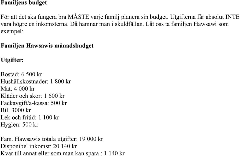 Låt oss ta familjen Hawsawi som exempel: Familjen Hawsawis månadsbudget Utgifter: Bostad: 6 500 kr Hushållskostnader: 1 800 kr Mat: 4