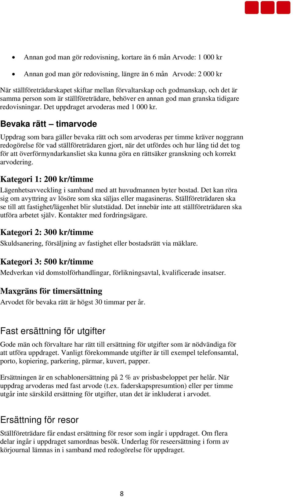 Bevaka rätt timarvode Uppdrag som bara gäller bevaka rätt och som arvoderas per timme kräver noggrann redogörelse för vad ställföreträdaren gjort, när det utfördes och hur lång tid det tog för att