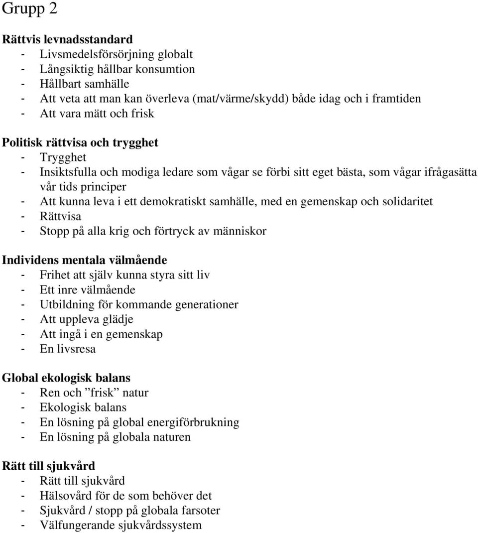 gemenskap och solidaritet Rättvisa Stopp på alla krig och förtryck av människor Individens mentala välmående Frihet att själv kunna styra sitt liv Ett inre välmående Utbildning för kommande