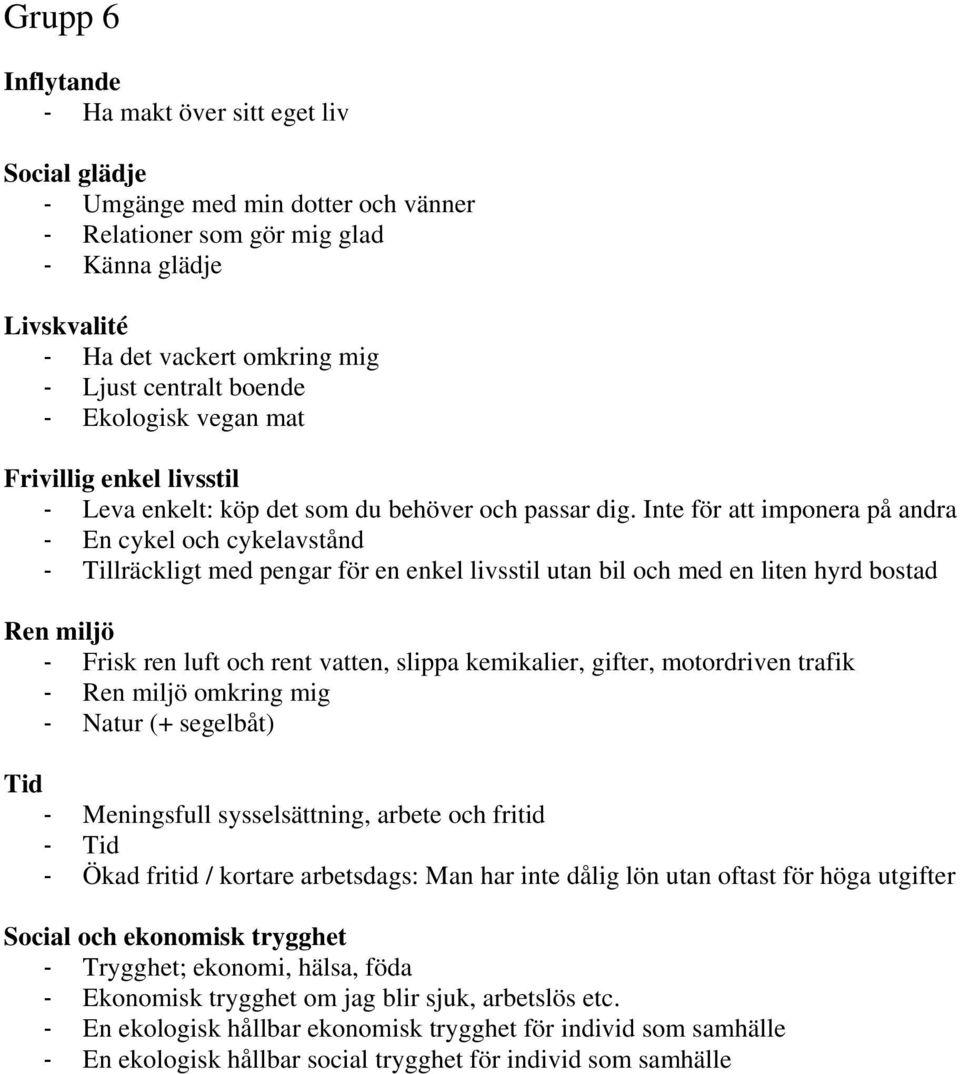 Inte för att imponera på andra En cykel och cykelavstånd Tillräckligt med pengar för en enkel livsstil utan bil och med en liten hyrd bostad Ren miljö Frisk ren luft och rent vatten, slippa