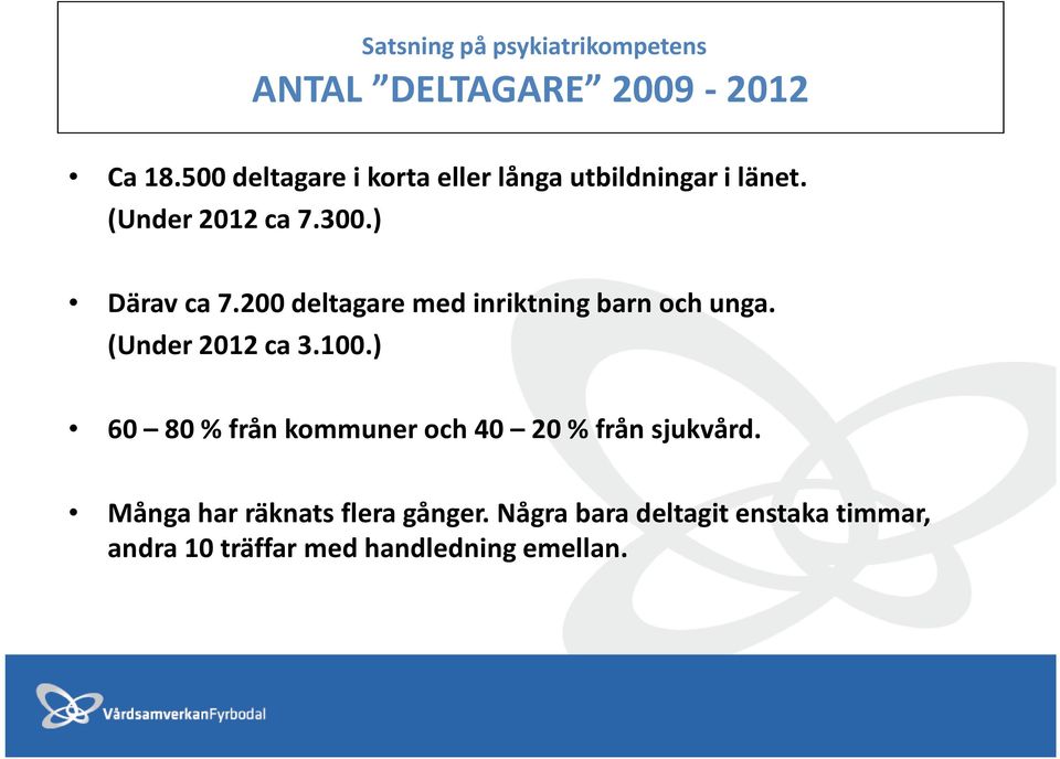 (Under 2012 ca 3.100.) 60 80 % från kommuner och 40 20 % från sjukvård.