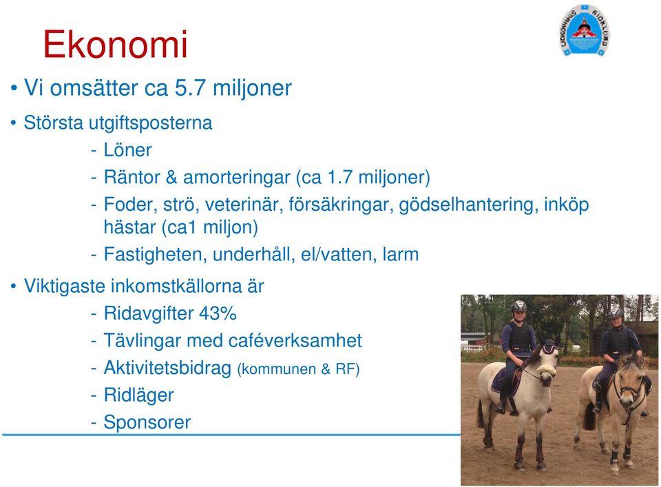 7 miljoner) - Foder, strö, veterinär, försäkringar, gödselhantering, inköp hästar (ca1