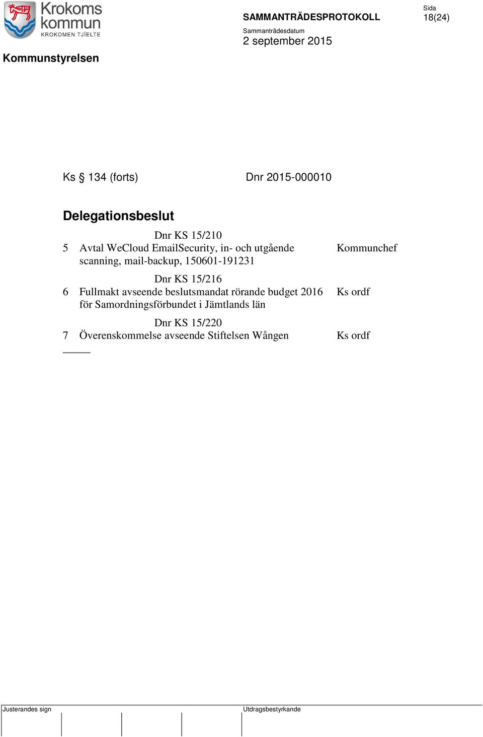15/216 6 Fullmakt avseende beslutsmandat rörande budget 2016 Ks ordf för