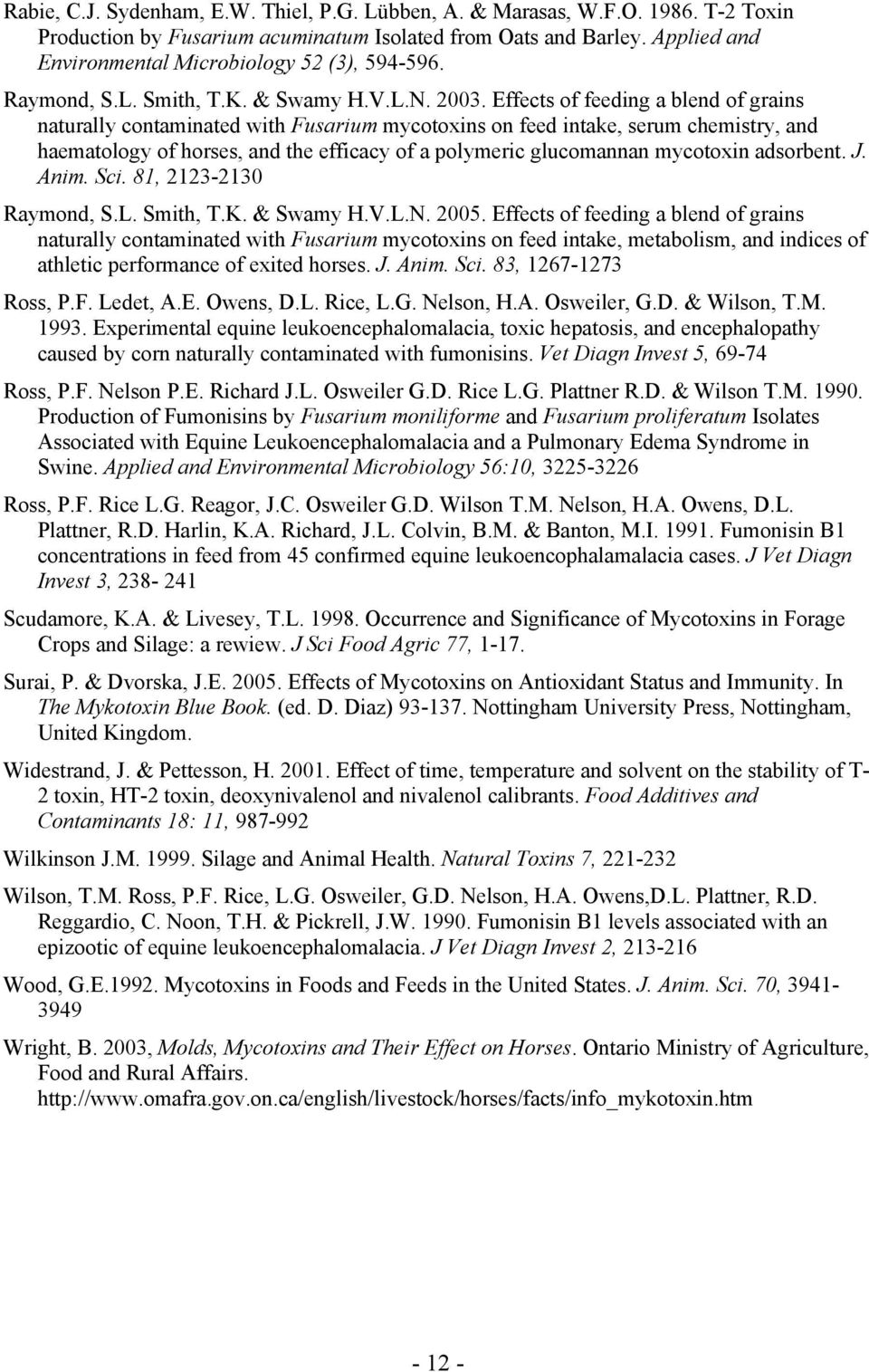 Effects of feeding a blend of grains naturally contaminated with Fusarium mycotoxins on feed intake, serum chemistry, and haematology of horses, and the efficacy of a polymeric glucomannan mycotoxin