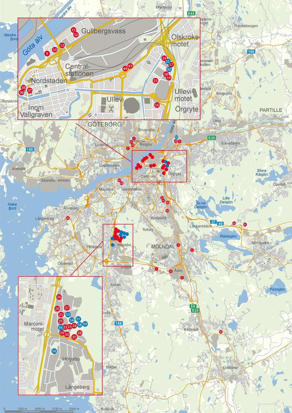 öt a äl v Nordre älvs fjord Gårdstensberget E6 Sävedalen 5 Lindholmen Arendal Skandiahamnen 45 46 Öjersjö Vasastaden Majorna 33 32 Hake fjord Älvsborg Långedrag Stora Kåsjön Örgryte Centrum 34