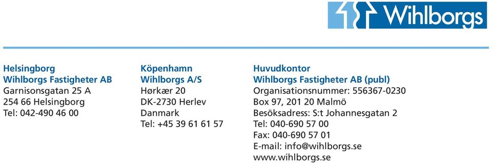 Wihlborgs Fastigheter AB (publ) Organisationsnummer: 556367-0230 Box 97, 201 20 Malmö
