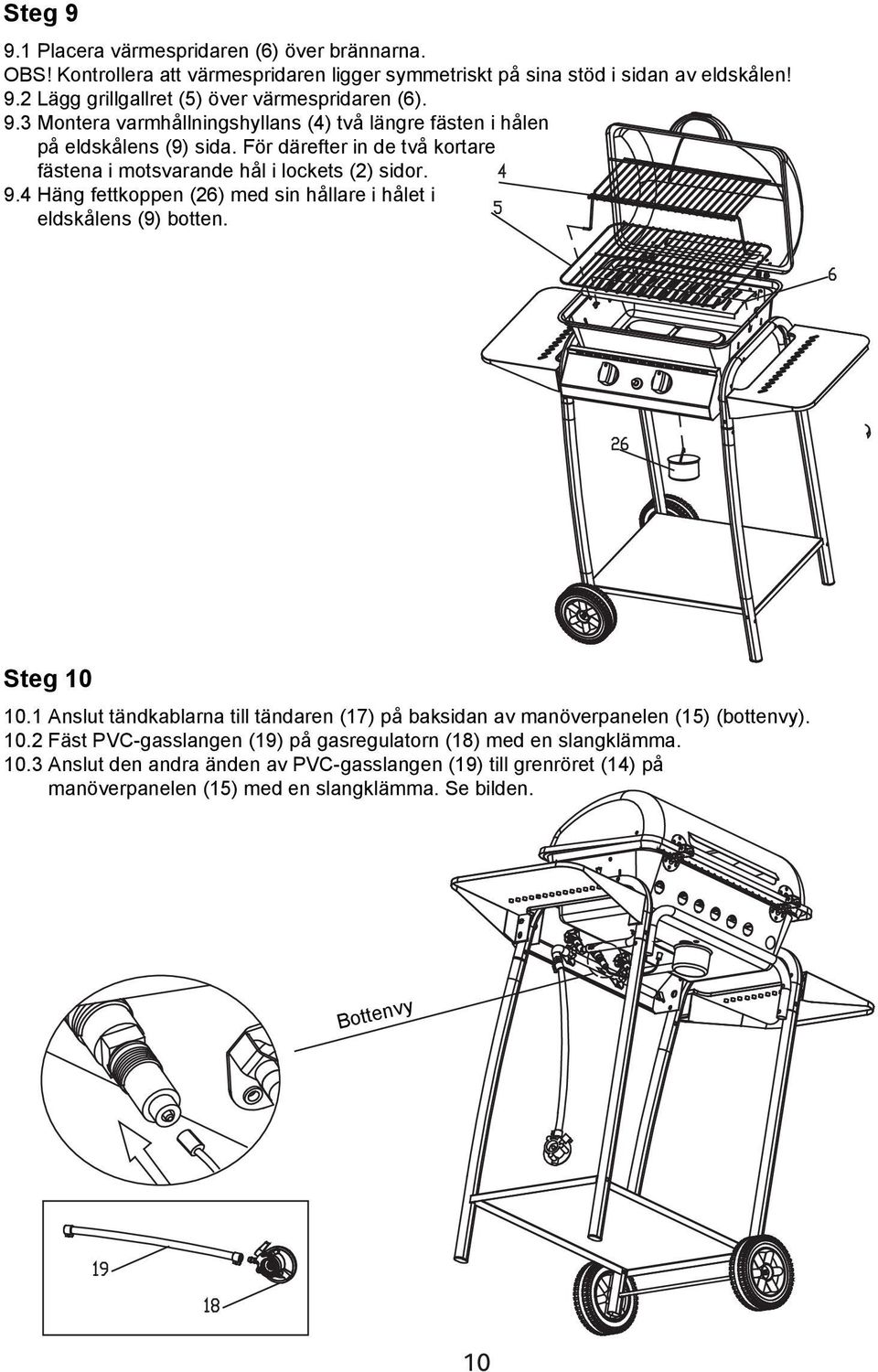 4 Häng fettkoppen (26) med sin hållare i hålet i eldskålens (9) botten. Steg 10 10.1 Anslut tändkablarna till tändaren (17) på baksidan av manöverpanelen (15) (bottenvy). 10.2 Fäst PVC-gasslangen (19) på gasregulatorn (18) med en slangklämma.