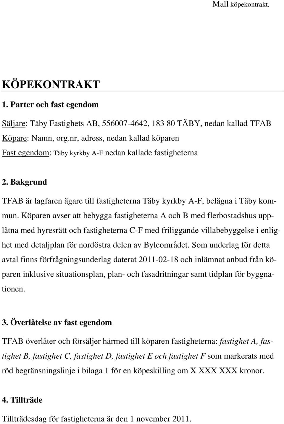 Kopekontrakt Mall Kopekontrakt 1 Parter Och Fast Egendom Pdf