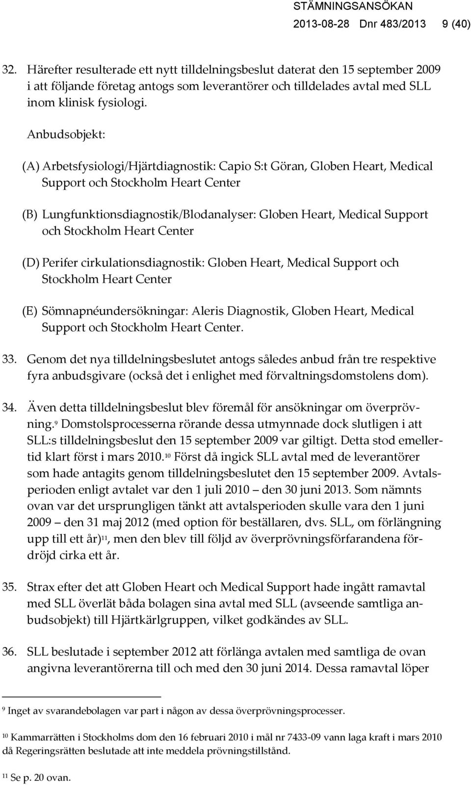 Anbudsobjekt: (A) Arbetsfysiologi/Hjärtdiagnostik: Capio S:t Göran, Globen Heart, Medical Support och Stockholm Heart Center (B) Lungfunktionsdiagnostik/Blodanalyser: Globen Heart, Medical Support