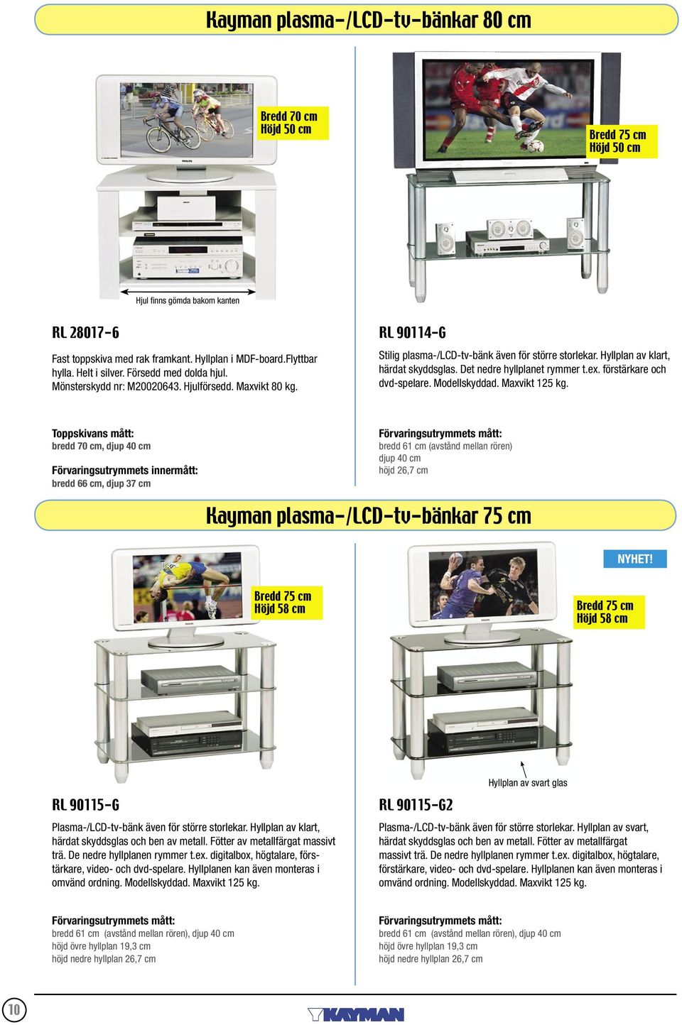 Det nedre hyllplanet rymmer t.ex. förstärkare och dvd-spelare. Modellskyddad. Maxvikt 125 kg.