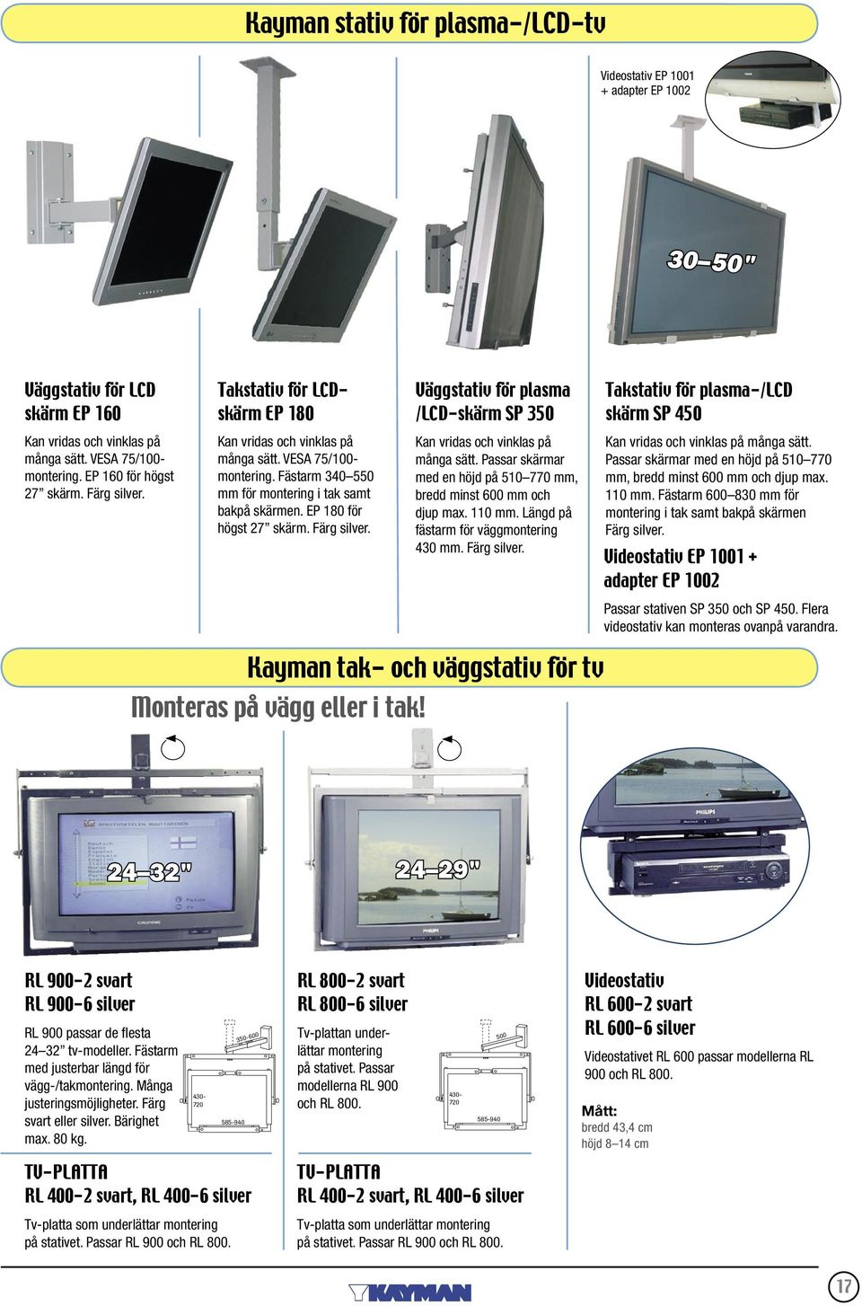 Färg silver. Väggstativ för plasma /LCD-skärm SP 350 Kan vridas och vinklas på många sätt. Passar skärmar med en höjd på 510 770 mm, bredd minst 600 mm och djup max. 110 mm.