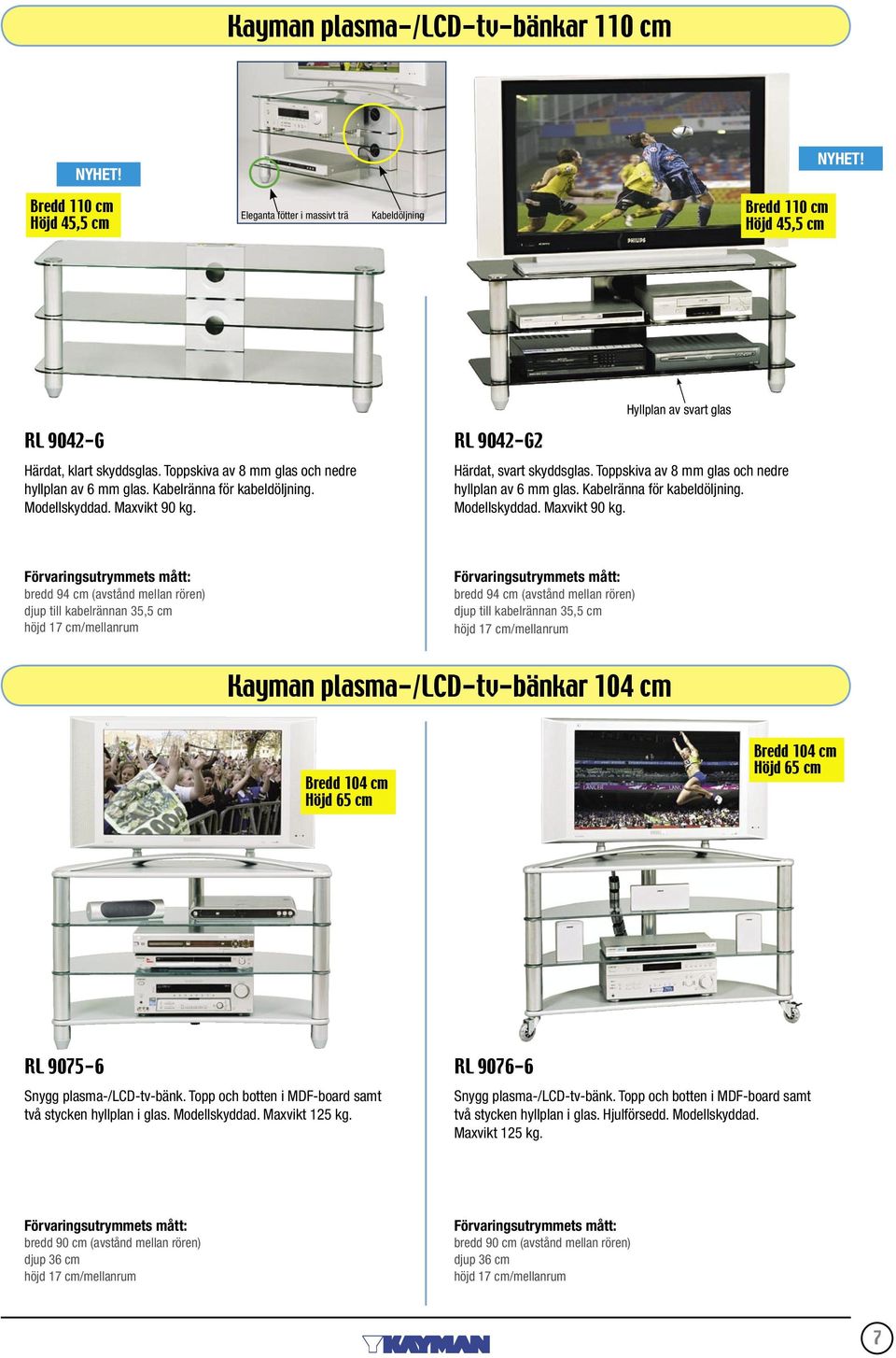 Toppskiva av 8 mm glas och nedre hyllplan av 6 mm glas. Kabelränna för kabeldöljning. Modellskyddad. Maxvikt 90 kg.