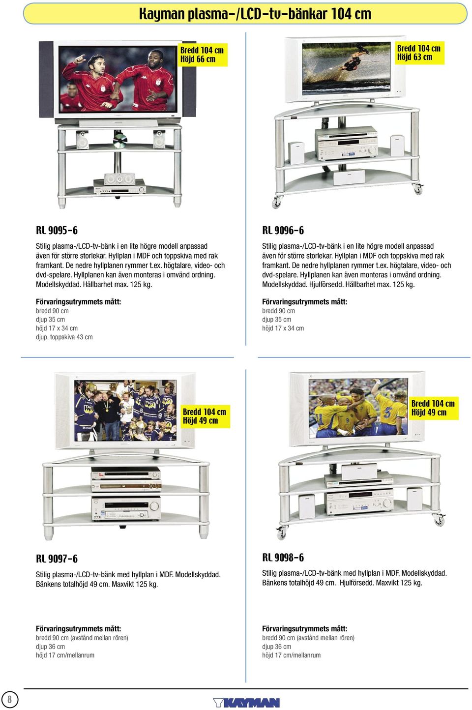 bredd 90 cm djup 35 cm höjd 17 x 34 cm djup, toppskiva 43 cm RL 9096-6 Stilig plasma-/lcd-tv-bänk i en lite högre modell anpassad även för större storlekar.