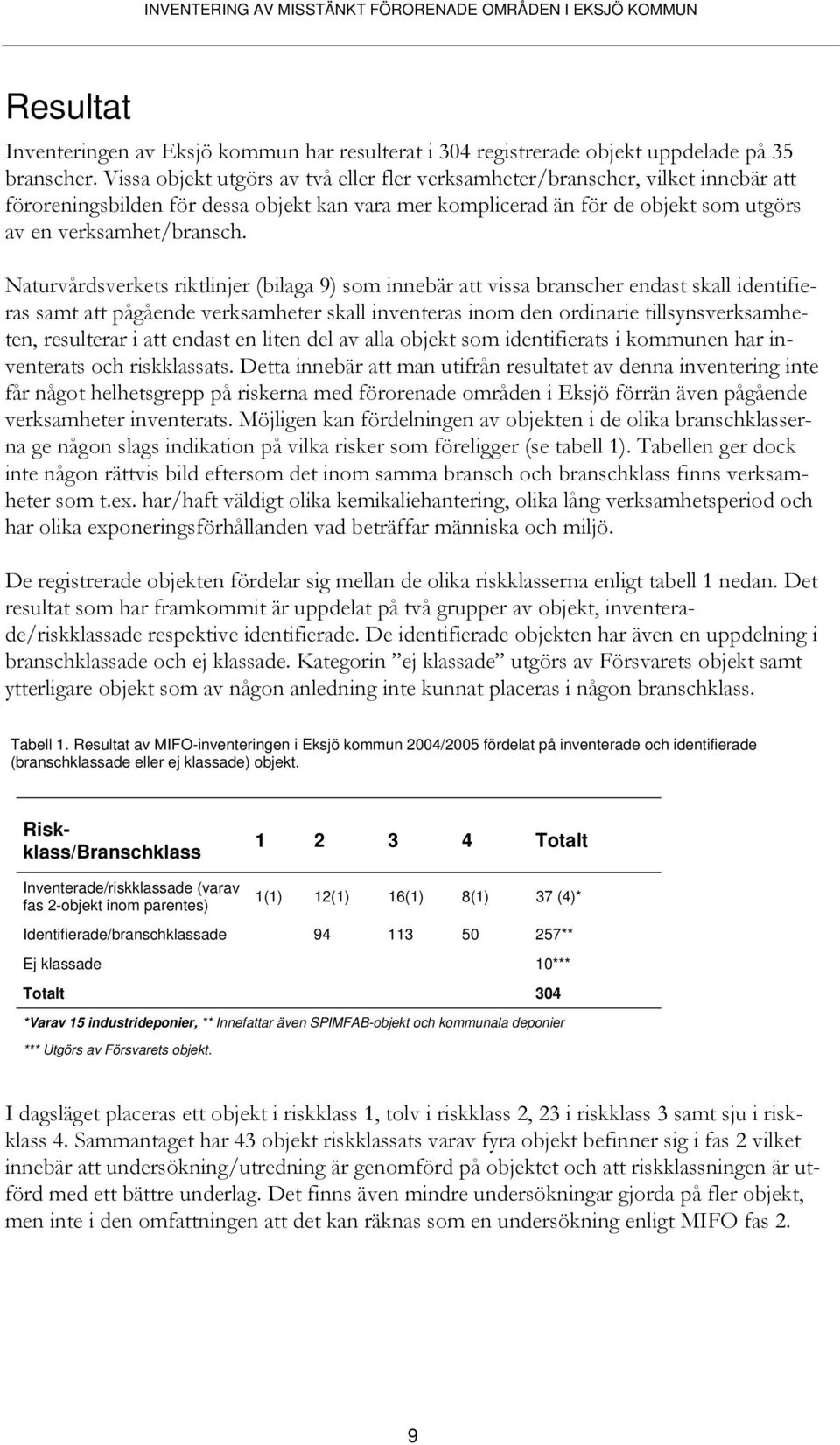 Naturvårdsverkets riktlinjer (bilaga 9) som innebär att vissa branscher endast skall identifieras samt att pågående verksamheter skall inventeras inom den ordinarie tillsynsverksamheten, resulterar i