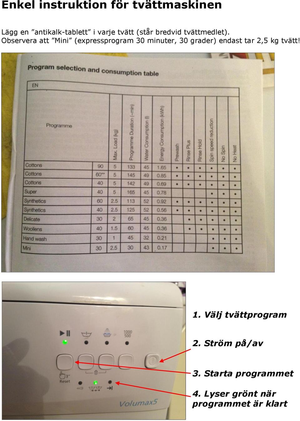 Observera att Mini (expressprogram 30 minuter, 30 grader) endast tar