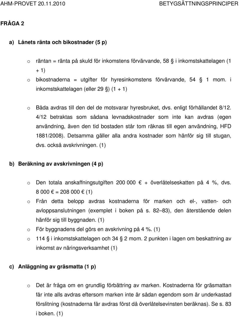 4/12 betraktas som sådana levnadskostnader som inte kan avdras (egen användning, även den tid bostaden står tom räknas till egen användning, HFD 1881/2008).