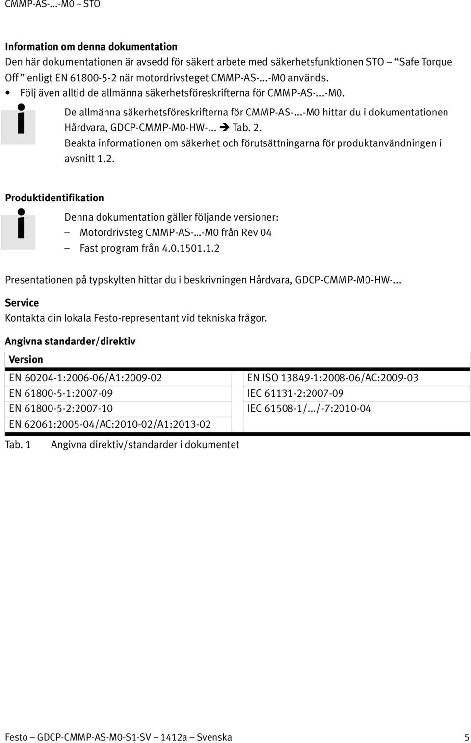 .. Tab. 2. Beakta informationen om säkerhet och förutsättningarna för produktanvändningen i avsnitt 1.2. Produktidentifikation Denna dokumentation gäller följande versioner: Motordrivsteg CMMP-AS- -M0 från Rev 04 Fast program från 4.