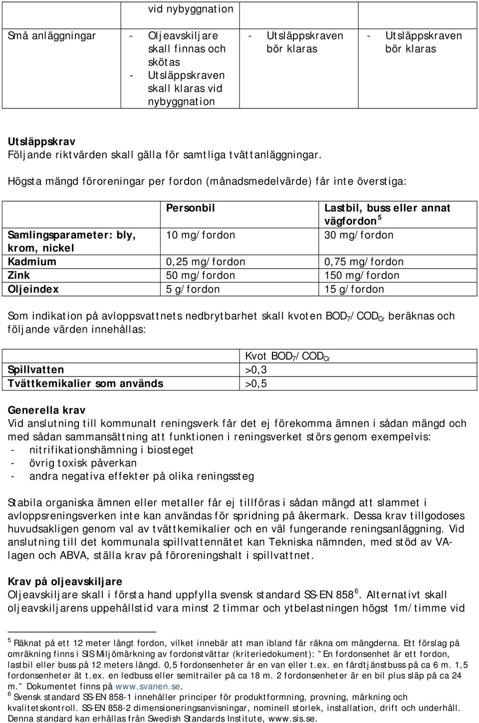 Högsta mängd föroreningar per fordon (månadsmedelvärde) får inte överstiga: Personbil Lastbil, buss eller annat vägfordon 5 Samlingsparameter: bly, 10 mg/fordon 30 mg/fordon krom, nickel Kadmium 0,25