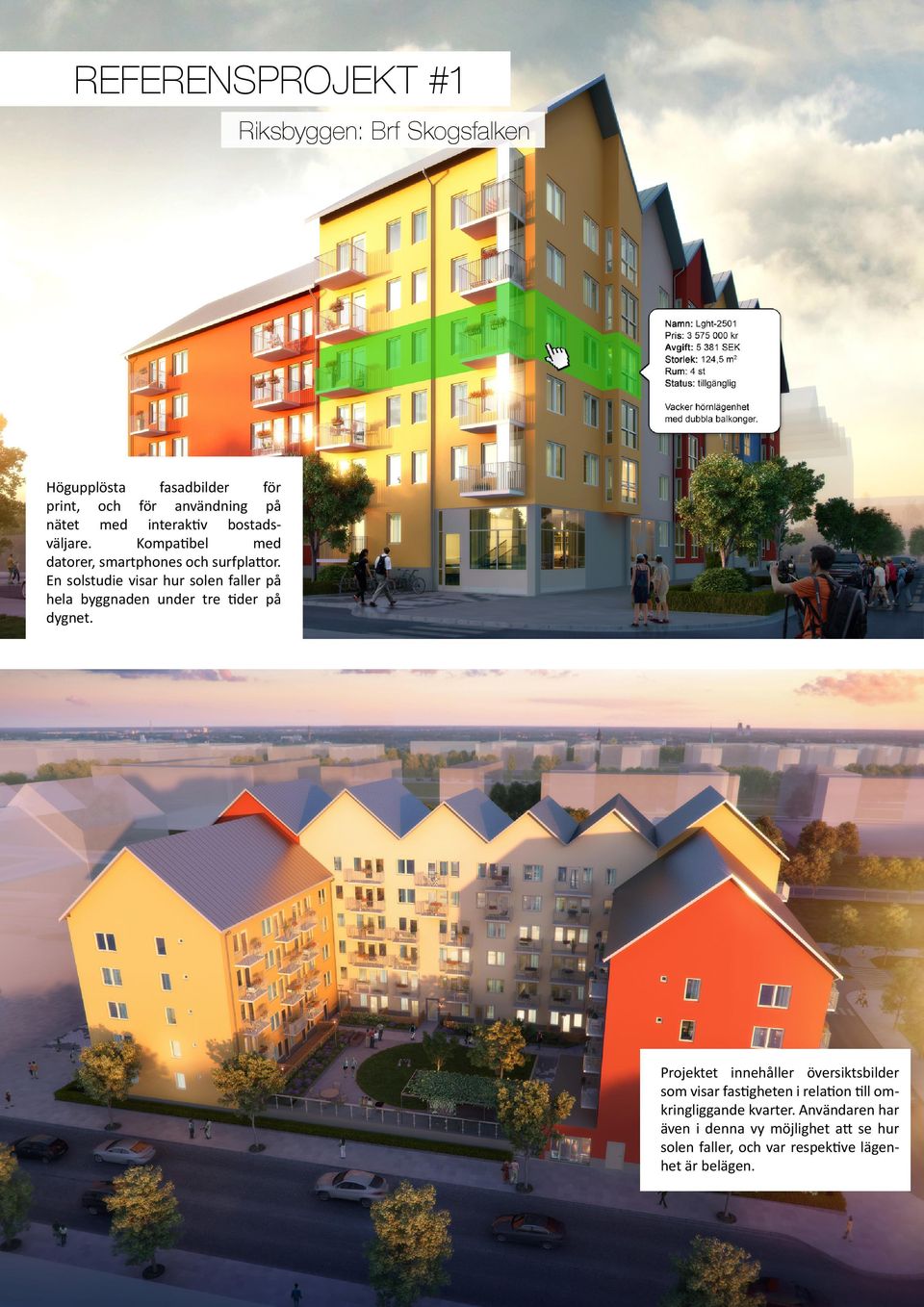 En solstudie visar hur solen faller på hela byggnaden under tre tider på dygnet.
