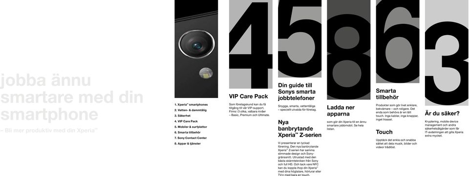 Din guide till Sonys smarta jobbtelefoner Snygga, smarta, vattentåliga speciellt utvalda för företag. Nya banbrytande Xperia Z-serien Vi presenterar en lyckad förening.