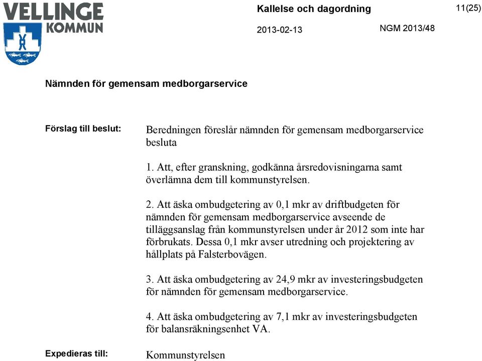 Att äska ombudgetering av 0,1 mkr av driftbudgeten för nämnden för gemensam medborgarservice avseende de tilläggsanslag från kommunstyrelsen under år 2012 som inte