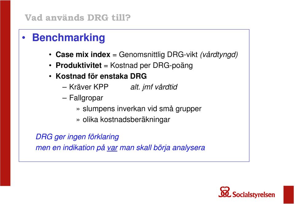 Kostnad per DRG-poäng Kostnad för enstaka DRG Kräver KPP alt.