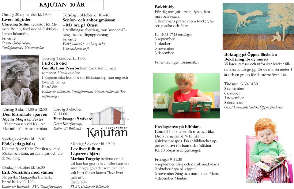 Det firar vi med böcker och tårta, utställningar och underhållning Söndag 4 oktober kl. 16.00 Erik Norström med vänner Sångerska Margaretha Evmark, Entré kl. 16.00 100:-, SV, Teaterföreningen Torsdag 1 oktober kl.