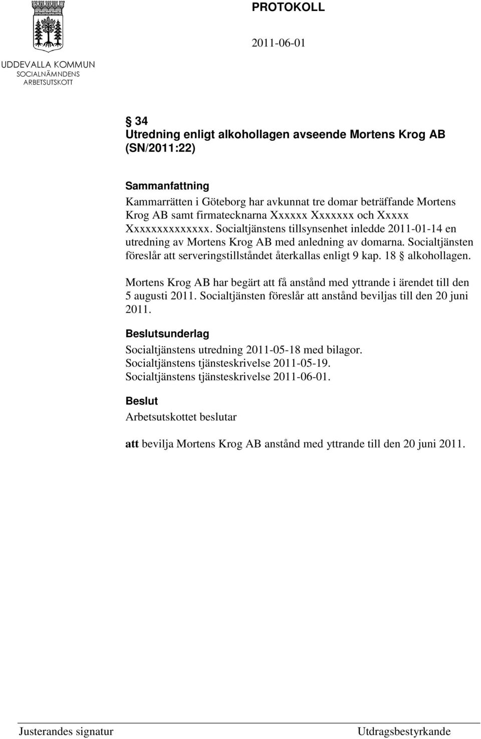 18 alkohollagen. Mortens Krog AB har begärt att få anstånd med yttrande i ärendet till den 5 augusti 2011. Socialtjänsten föreslår att anstånd beviljas till den 20 juni 2011.