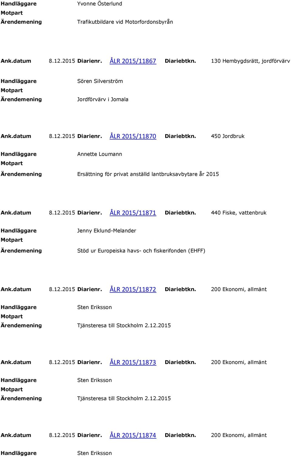 440 Fiske, vattenbruk Jenny Eklund-Melander Stöd ur Europeiska havs- och fiskerifonden (EHFF) Ank.datum 8.12.2015 Diarienr. ÅLR 2015/11872 Diariebtkn.