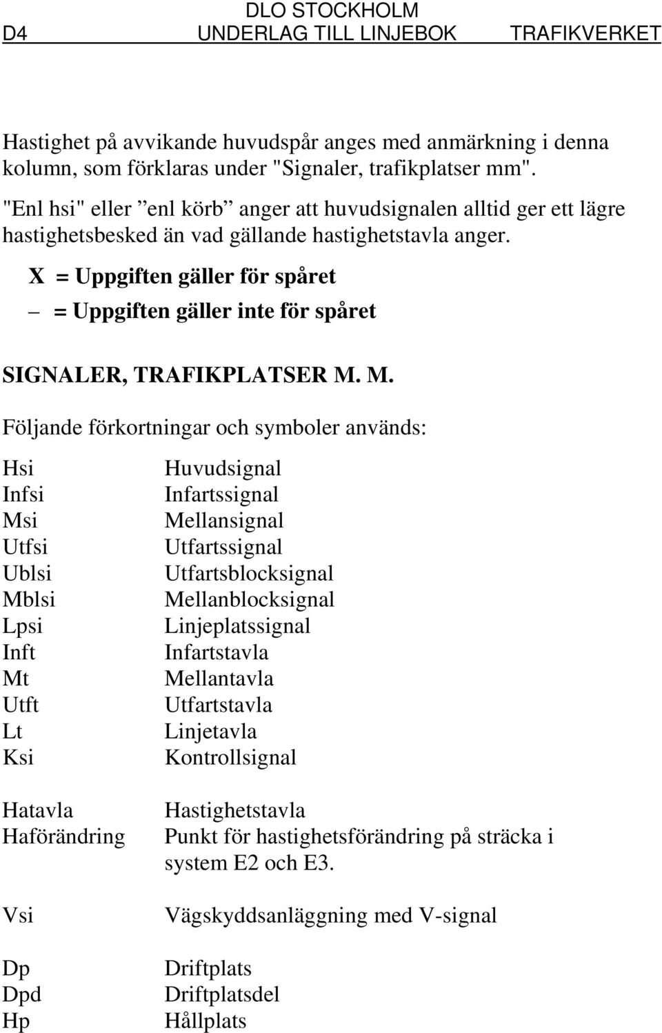 X = Uppgiften gäller för spåret = Uppgiften gäller inte för spåret SIGNALER, TRAFIKPLATSER M.