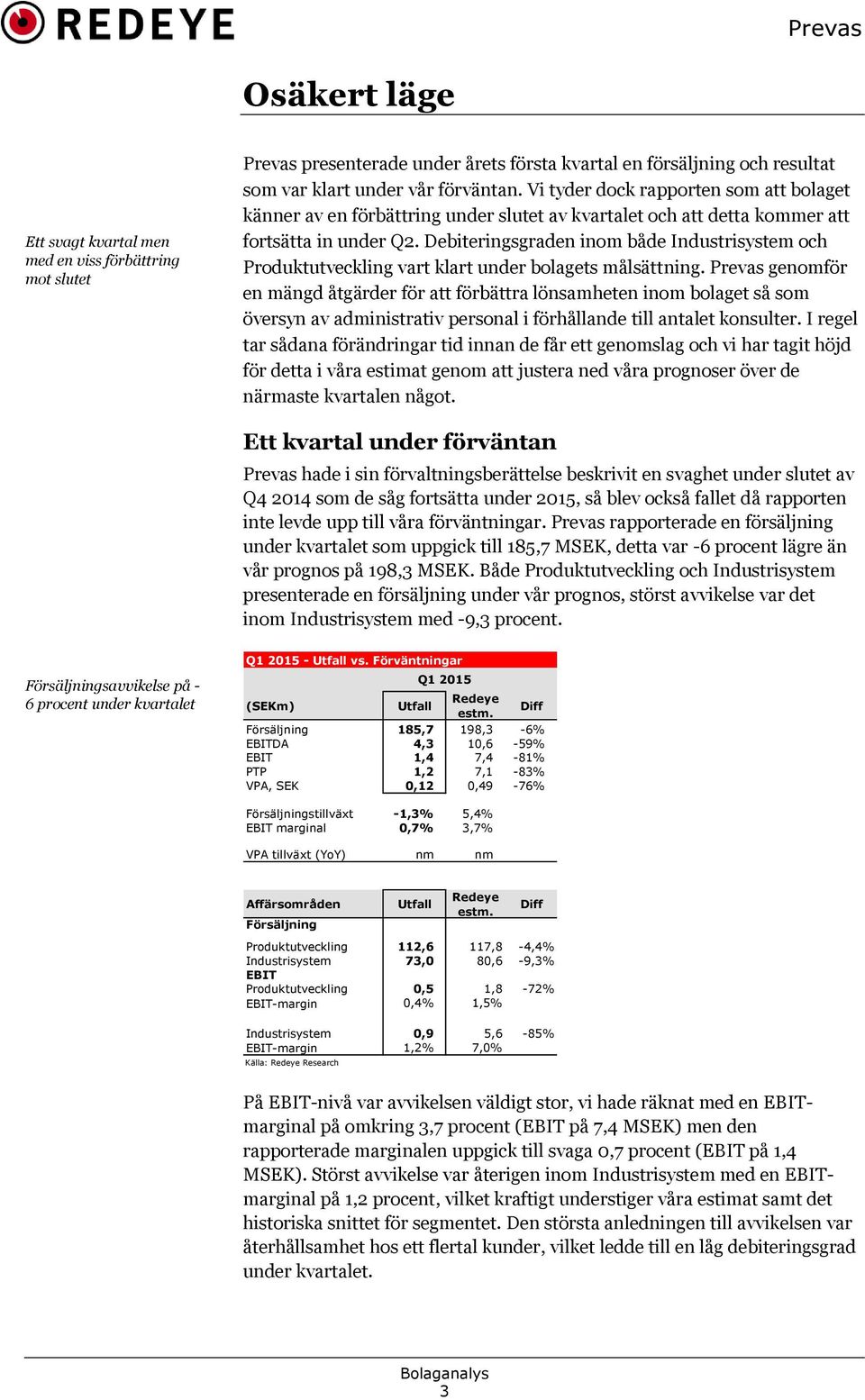 Debiteringsgraden inom både Industrisystem och Produktutveckling vart klart under bolagets målsättning.