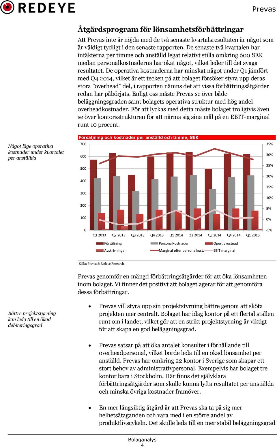 De operativa kostnaderna har minskat något under Q1 jämfört med Q4 2014, vilket är ett tecken på att bolaget försöker styra upp deras stora overhead del, i rapporten nämns det att vissa