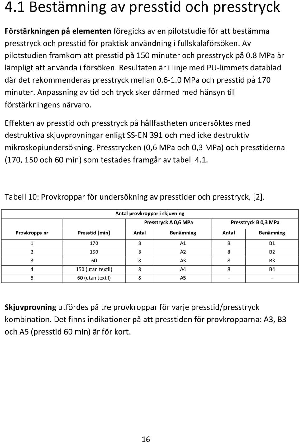 Resultaten är i linje med PU-limmets datablad där det rekommenderas presstryck mellan 0.6-1.0 MPa och presstid på 170 minuter.
