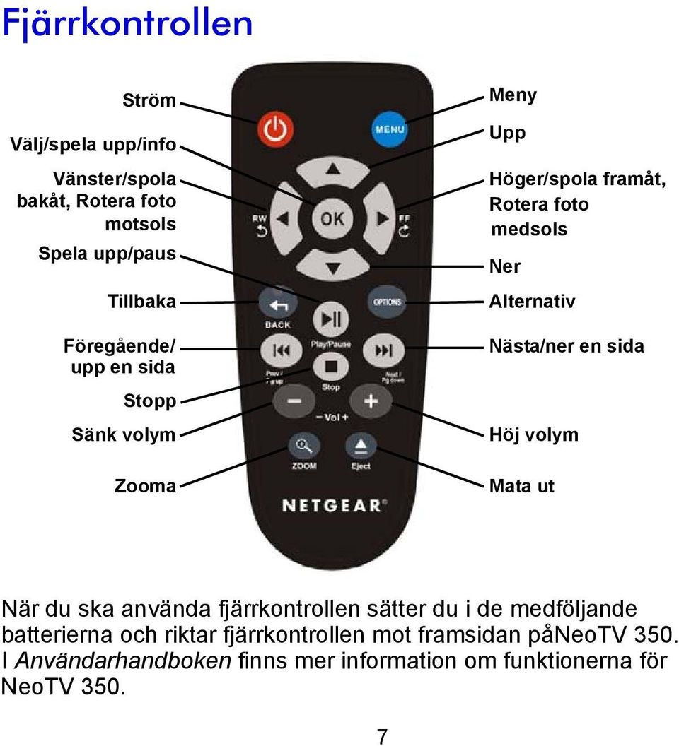 Nästa/ner en sida Höj volym Mata ut När du ska använda fjärrkontrollen sätter du i de medföljande batterierna och