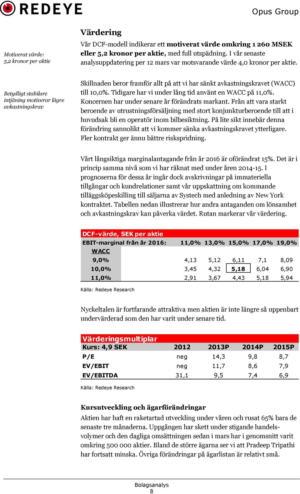 Betydligt stabilare intjäning motiverar lägre avkastningskrav Skillnaden beror framför allt på att vi har sänkt avkastningskravet (WACC) till 10,0%.