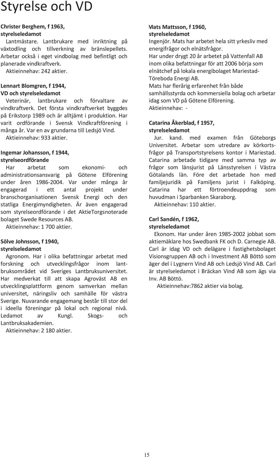befintligt och Arbetar planerade också vindkraftverk. i eget vindbolag med befintligt och planerade Aktieinnehav: vindkraftverk. 242 aktier. Aktieinnehav: 242 aktier.