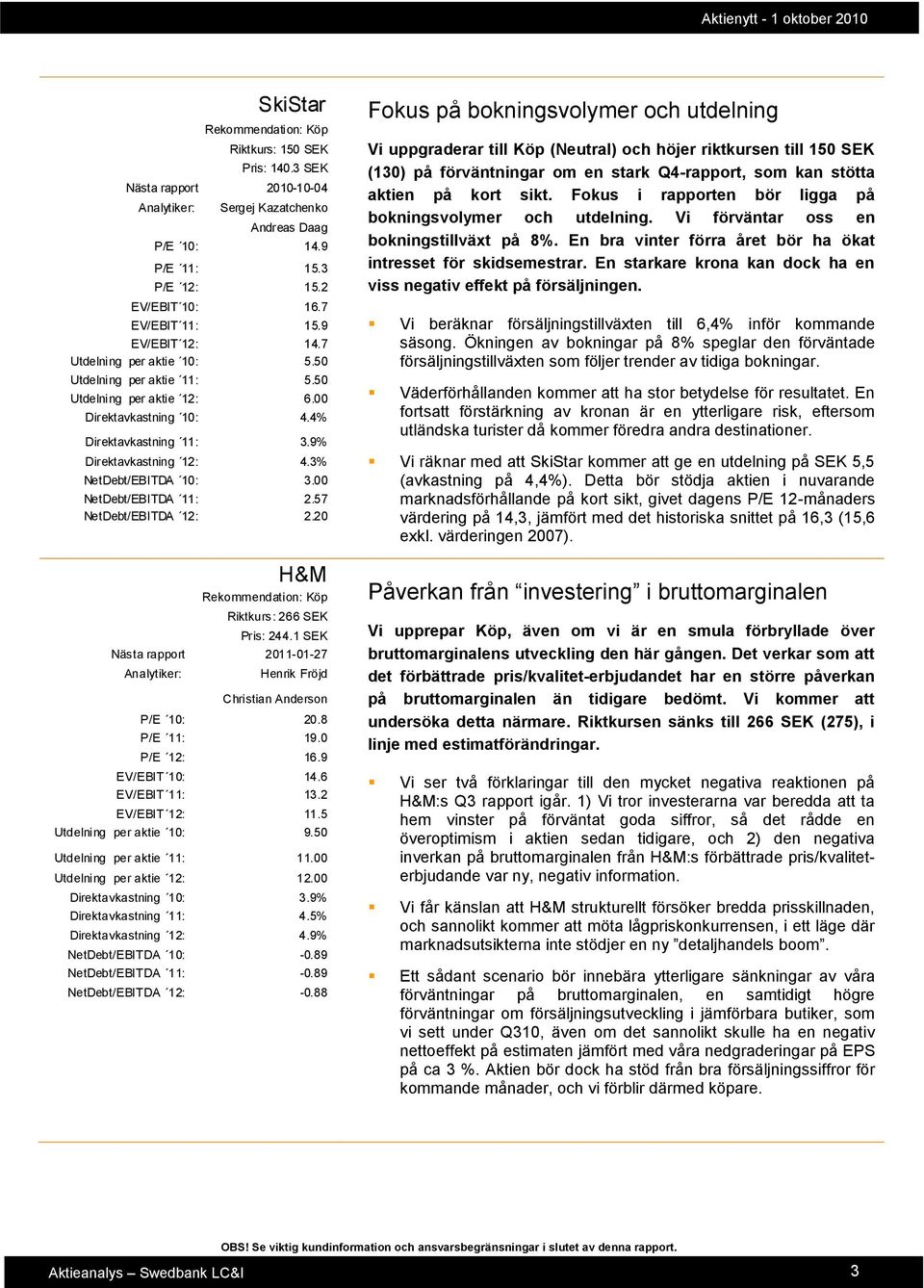 00 NetDebt/EBITDA 11: 2.57 NetDebt/EBITDA 12: 2.20 Nästa rapport 2011-01-27 H&M Riktkurs: 266 SEK Pris: 244.1 SEK Henrik Fröjd Christian Anderson P/E 10: 20.8 P/E 11: 19.0 P/E 12: 16.9 EV/EBIT 10: 14.