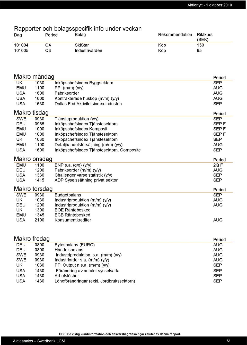 SEP DEU 0955 Inköpschefsindex Tjänstesektorn SEP F EMU 1000 Inköpschefsindex Komposit SEP F EMU 1000 Inköpschefsindex Tjänstesektorn SEP F UK 1030 Inköpschefsindex Tjänstesektorn SEP EMU 1100
