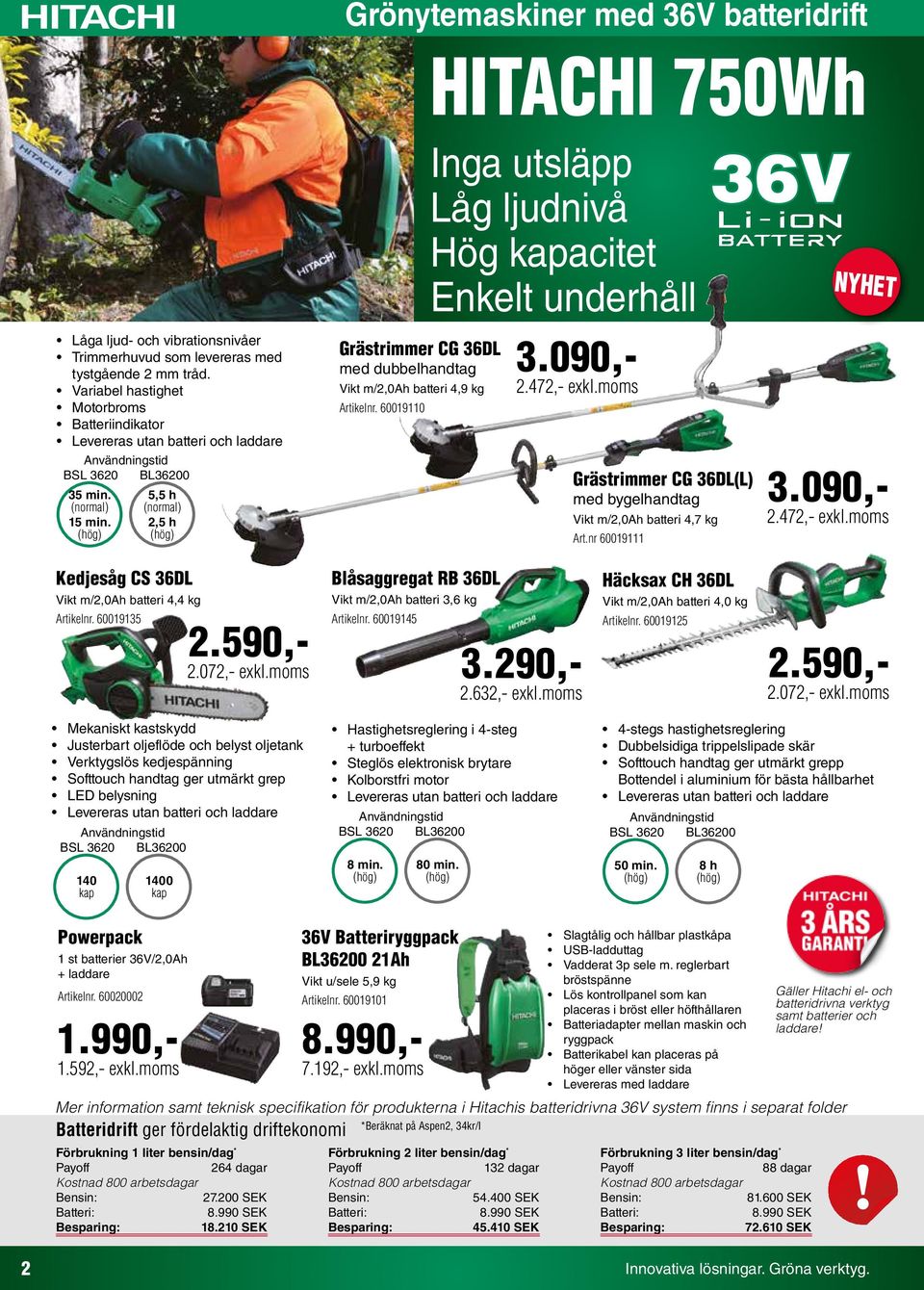 5,5 h (normal) 2,5 h Grästrimmer CG 36DL med dubbelhandtag Vikt m/2,0ah batteri 4,9 kg Artikelnr. 60019110 Inga utsläpp Låg ljudnivå Hög kapacitet Enkelt underhåll 3.090,- 2.472,- exkl.