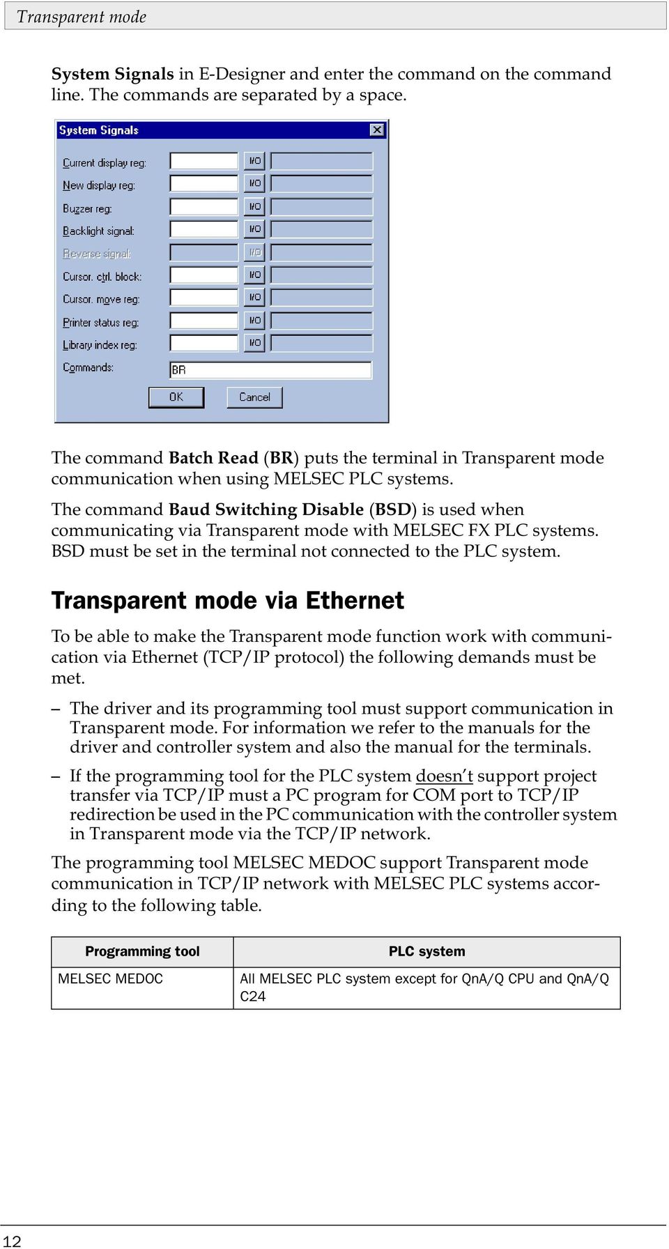 The command Baud Switching Disable (BSD) is used when communicating via Transparent mode with MELSEC FX PLC systems. BSD must be set in the terminal not connected to the PLC system.