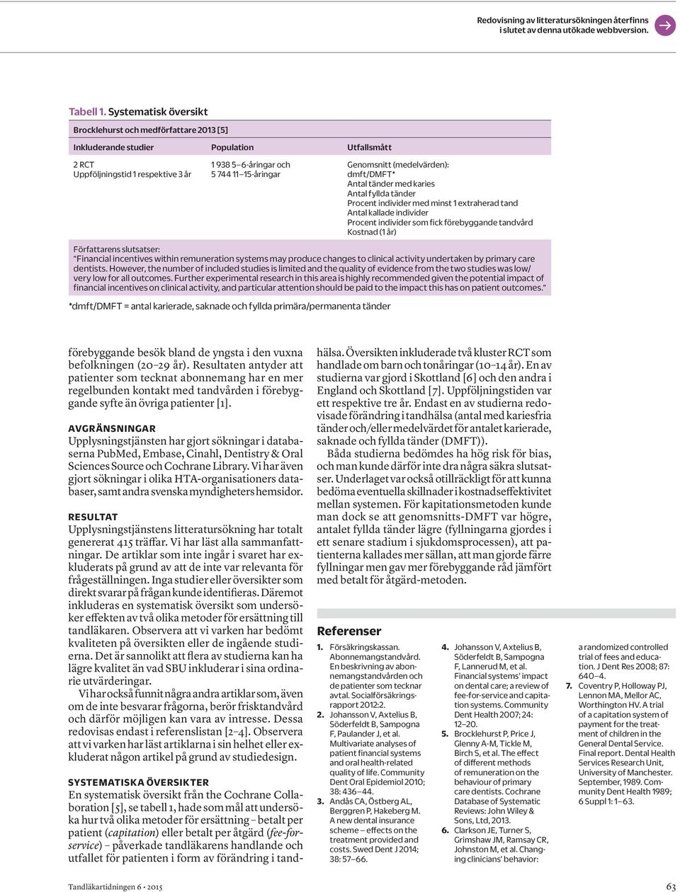 (medelvärden): dmft/dmft* Antal tänder med karies Antal fyllda tänder Procent individer med minst 1 extraherad tand Antal kallade individer Procent individer som fick förebyggande tandvård Kostnad (1
