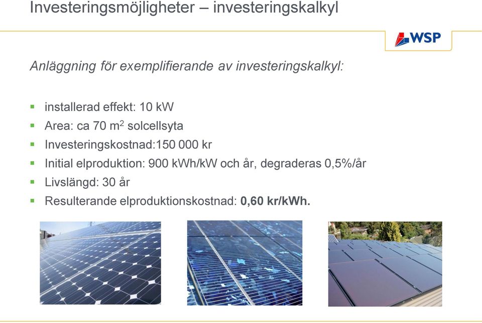 Investeringskostnad:150 000 kr Initial elproduktion: 900 kwh/kw och år,