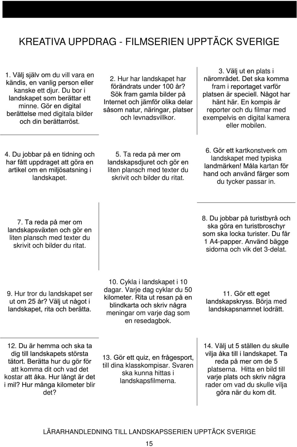 kartkonstverk om landskapet med typiska kartan du tycker passar in. 7. liten plansch med texter du skrivit och bilder du ritat. 8. 1 A4- sidorna och vik det 3-delat. 9. Hur tror du landskapet ser 10.