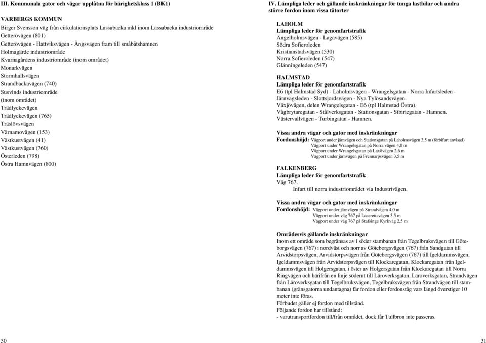 industriområde (inom området) Trädlyckevägen Trädlyckevägen (765) Träslövsvägen Värnamovägen (153) Västkustvägen (41) Västkustvägen (760) Österleden (798) Östra Hamnvägen (800) IV.