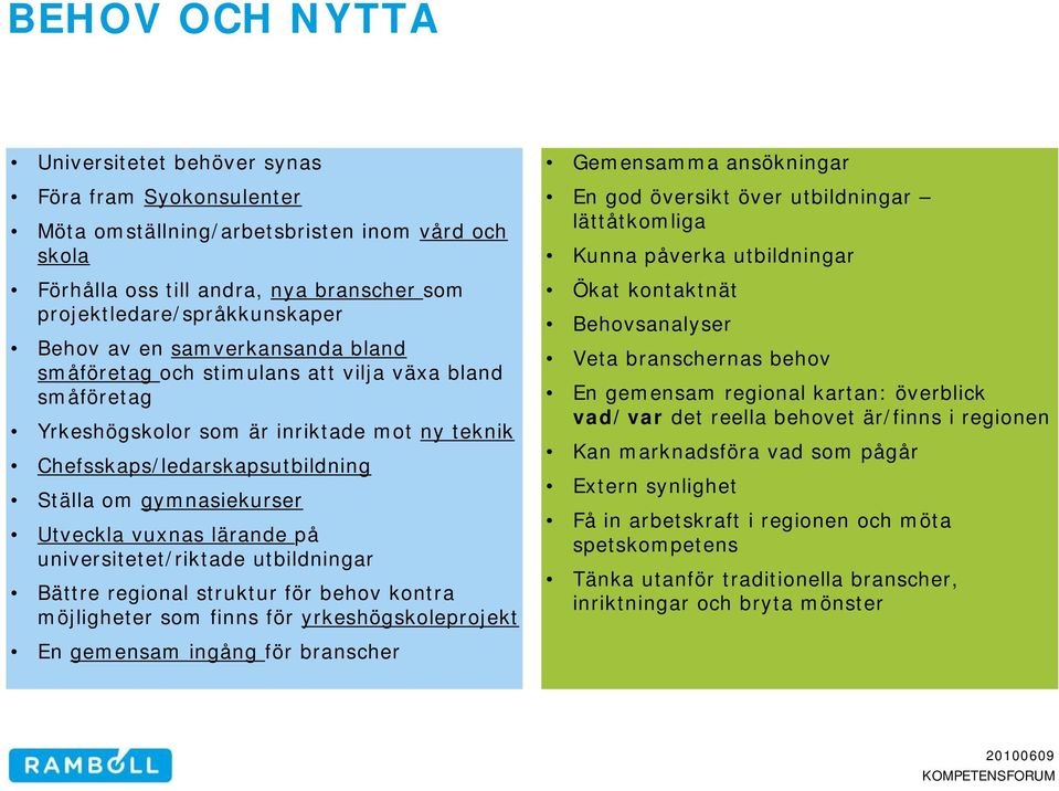 vuxnas lärande på universitetet/riktade utbildningar Bättre regional struktur för behov kontra möjligheter som finns för yrkeshögskoleprojekt En gemensam ingång för branscher Gemensamma ansökningar