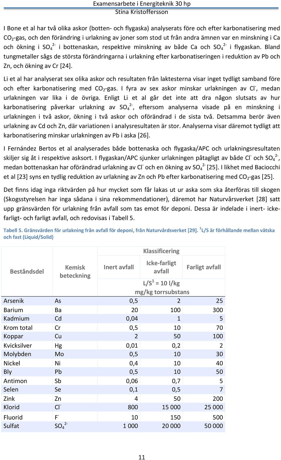 Bland tungmetaller sågs de största förändringarna i urlakning efter karbonatiseringen i reduktion av Pb och Zn, och ökning av Cr [24].