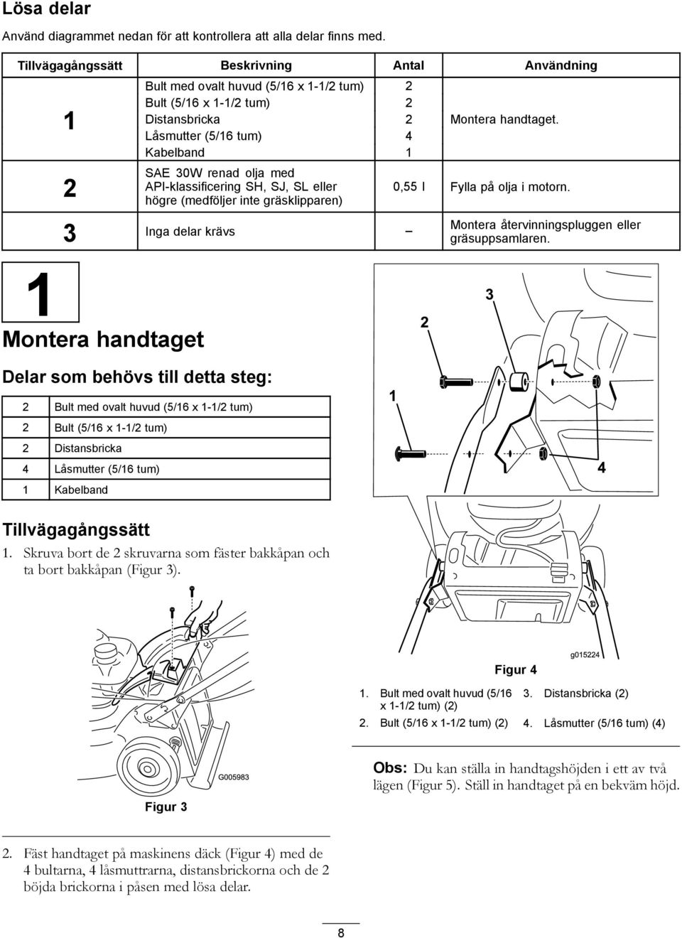 API-klassificering SH, SJ, SL eller högre (medföljer inte gräsklipparen) Montera handtaget. 0,55 l Fylla på olja i motorn. 3 Inga delar krävs Montera återvinningspluggen eller gräsuppsamlaren.