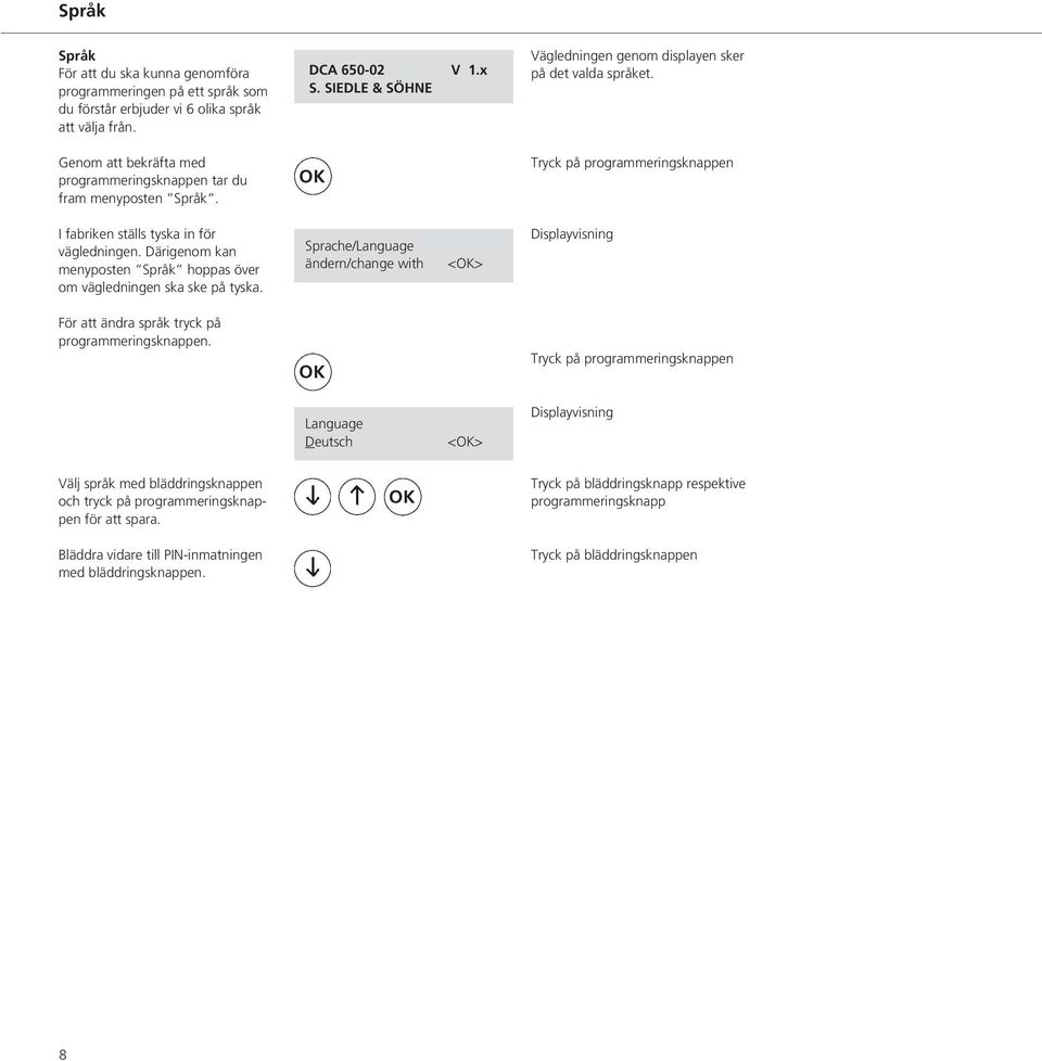 I fabriken ställs tyska in för vägledningen. Därigenom kan menyposten Språk hoppas över om vägledningen ska ske på tyska.