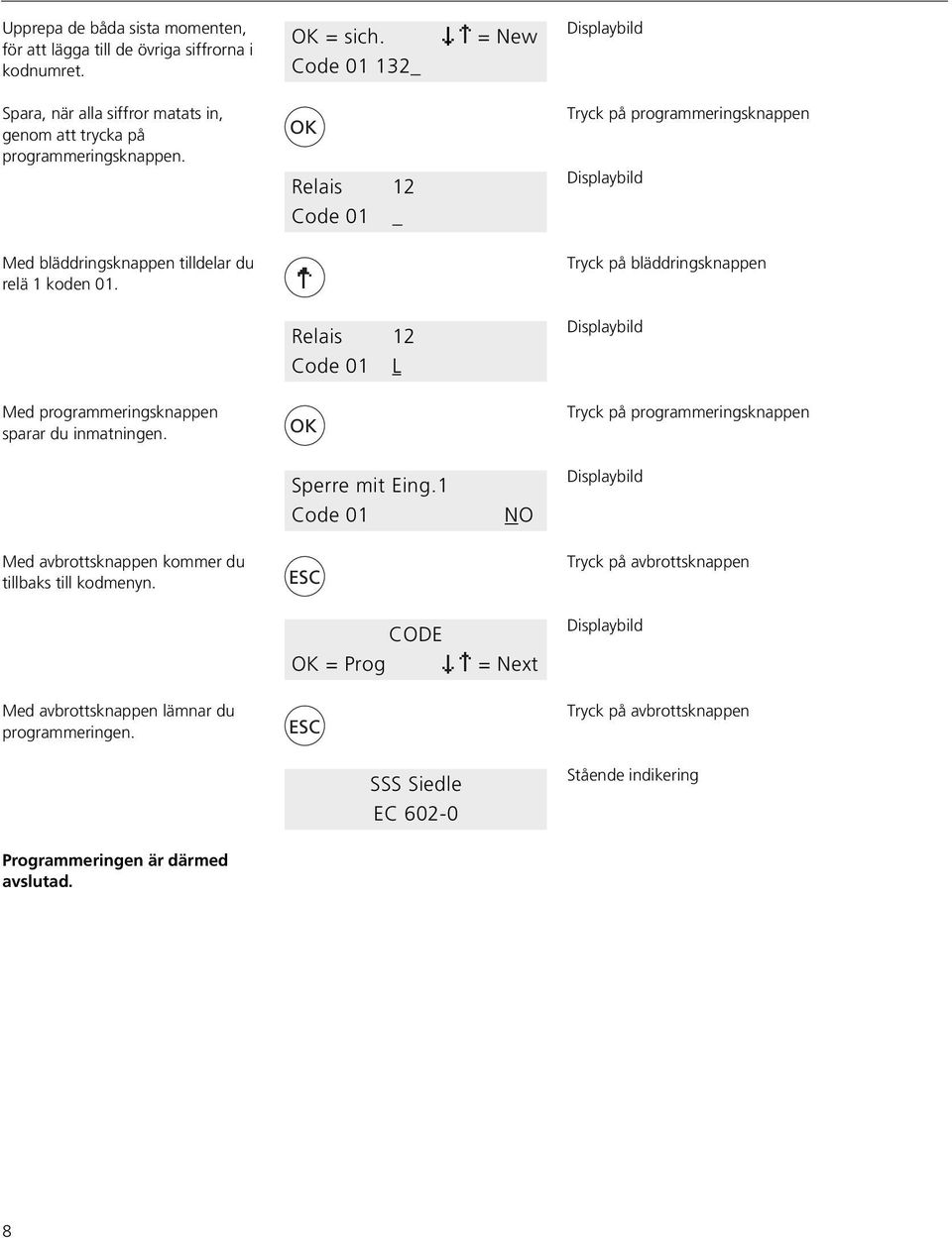 Relais 12 Code 01 _ Med bläddringsknappen tilldelar du relä 1 koden 01.