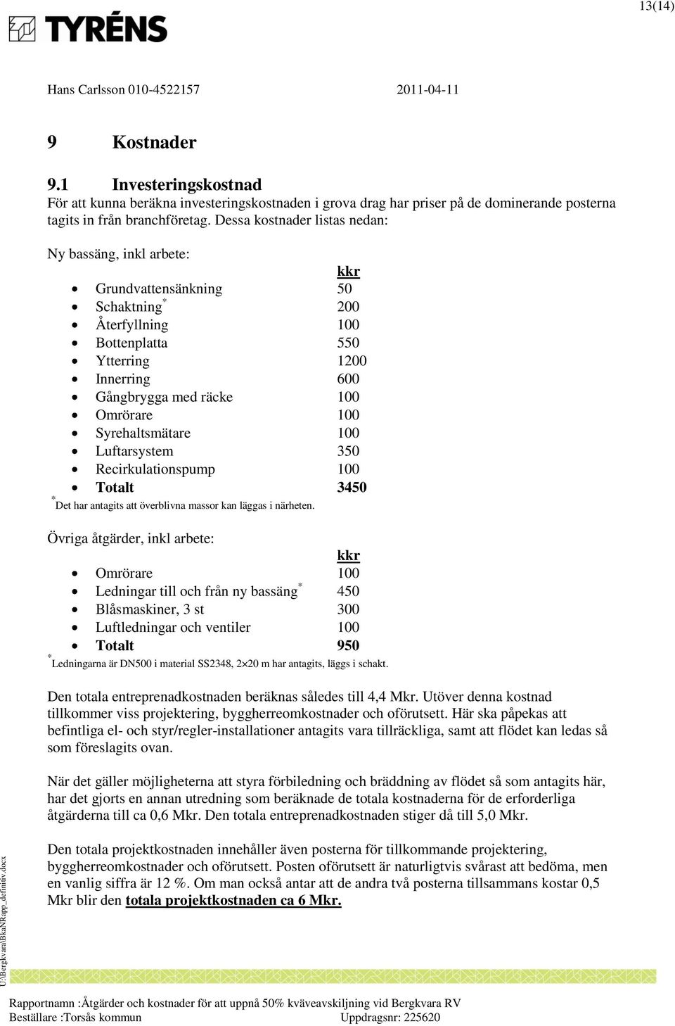Syrehaltsmätare 100 Luftarsystem 350 Recirkulationspump 100 Totalt 3450 * Det har antagits att överblivna massor kan läggas i närheten.